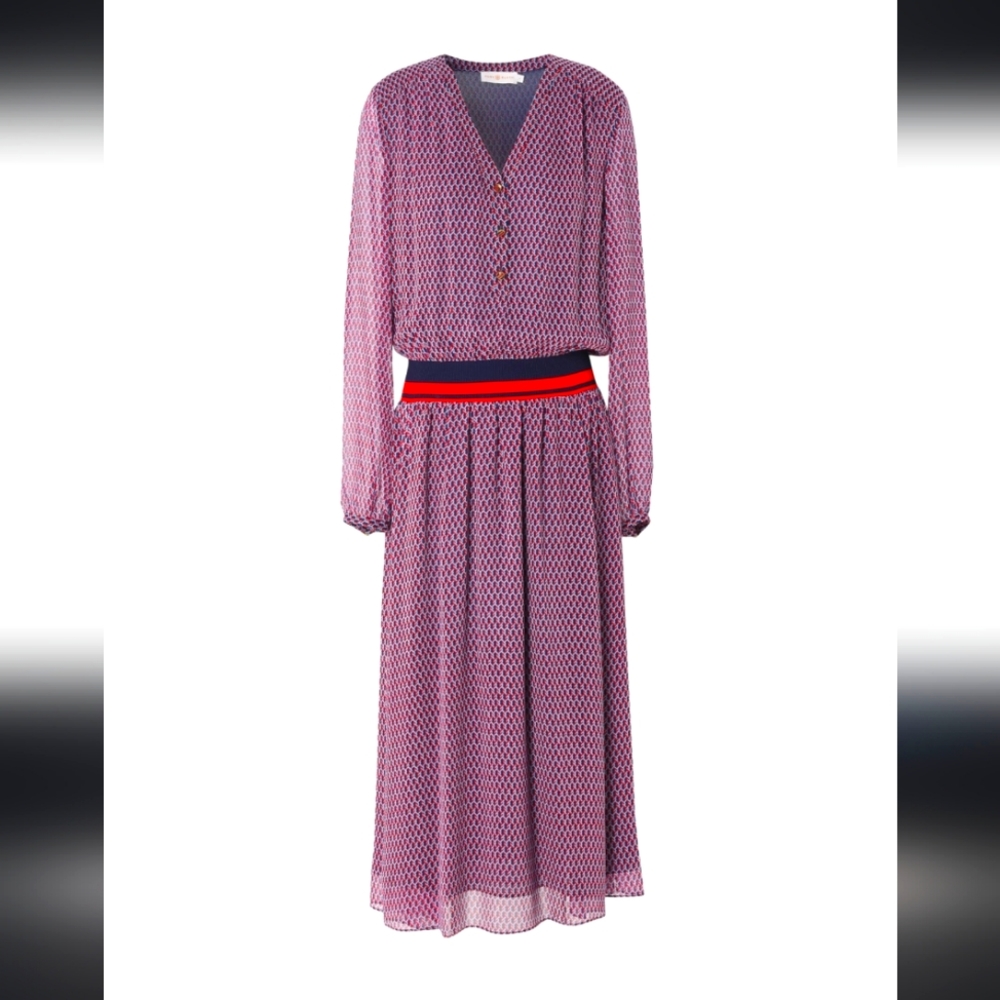 NWOT VELMA STRIPED JERSEY-TRIMMED PRINTED SILK-CREPE DRESS
